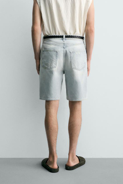 ZARA ДЖИНСОВЫЕ ШОРТЫ STRAIGHT FIT С ВИНТАЖНЫМ ЭФФЕКТОМ, ГОЛУБОЙ