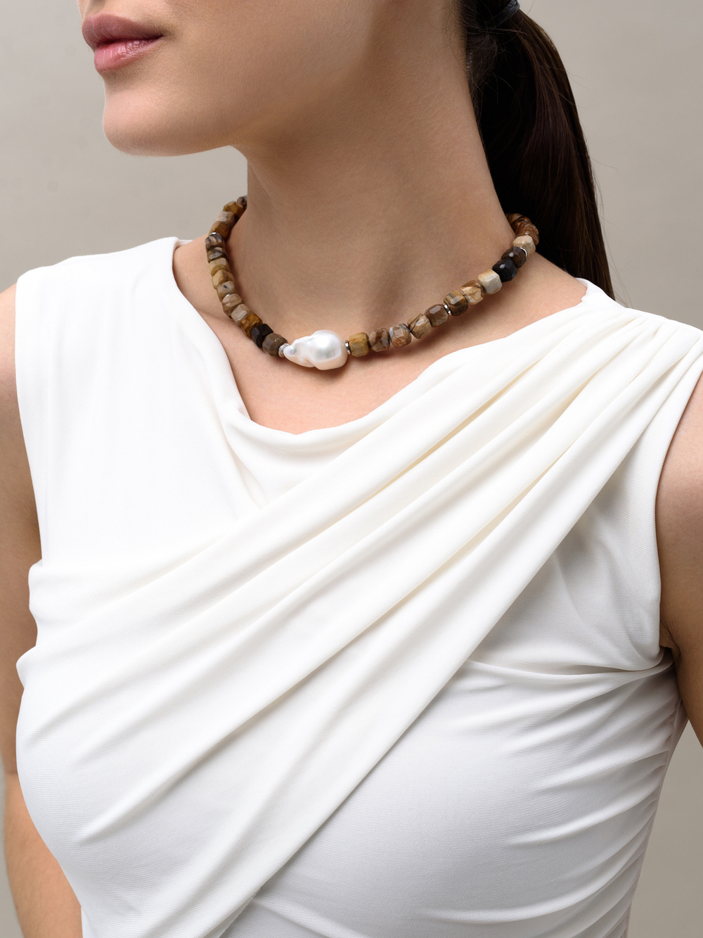Колье "Pearl caramel " Silver тигровый глаз