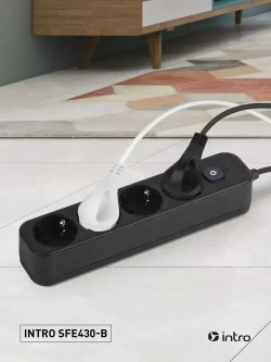 Сетевой фильтр Intro SFE430-B с базовой защитой с заземлением с выключателем 4 розетки 3м 10А черный / удлинитель сетевой 3м