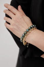 Браслет Твин 2 ряда темно-зеленый жемчуг Майорка и цепь ролло, оттенок золото