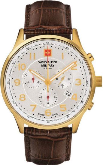 С ремешком Мужские наручные часы с коричневым кожаным ремешком Swiss Alpine Military 7084.9512 Chronograph 43mm 10ATM