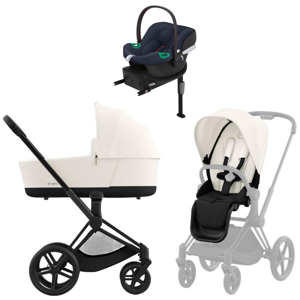 Коляска Cybex Priam IV Matt Black complete Aton B2 Bay Blue Base One 4 в 1 Off White