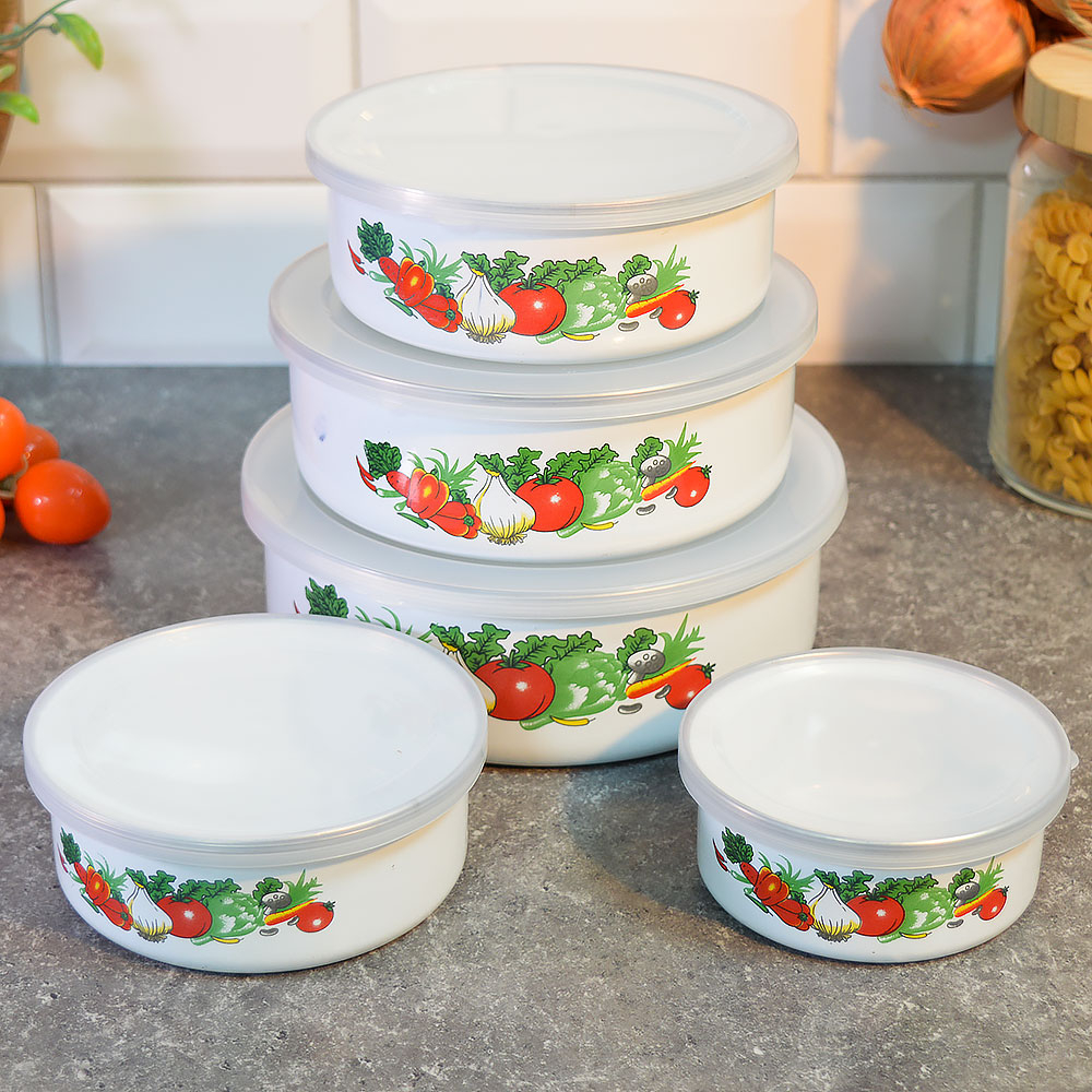 Набор мисок эмалированных 5 шт с крышками белый с рисунком FAMILIA