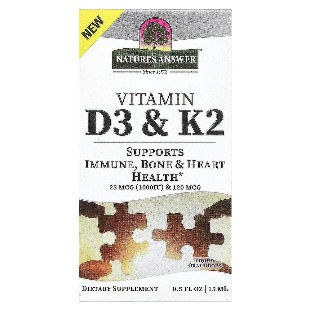 Nature's Answer, витамины D3 и K2, 25 мкг (1000 МЕ) и 120 мкг, 0,5 мл (120 жидк. унций)