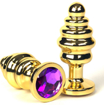 Золотистая ребристая анальная пробка с фиолетовым кристаллом - 8,5 см. (Цвет: фиолетовый)