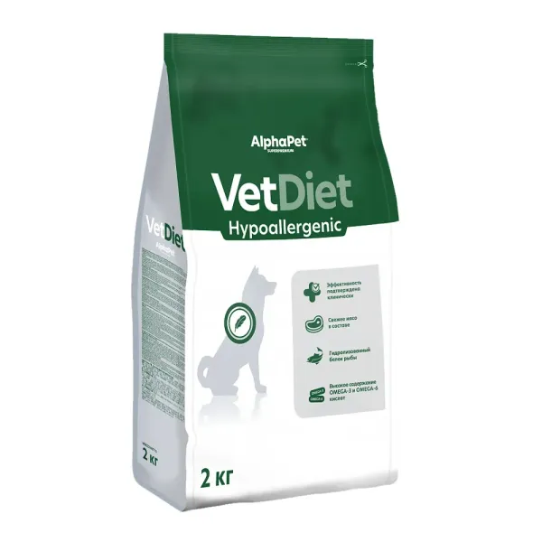 Сухой диетический корм AlphaPet VetDiet HYPOALERGENIC для взрослых собак всех пород при пищевой аллергии и непереносимости ингредиентов