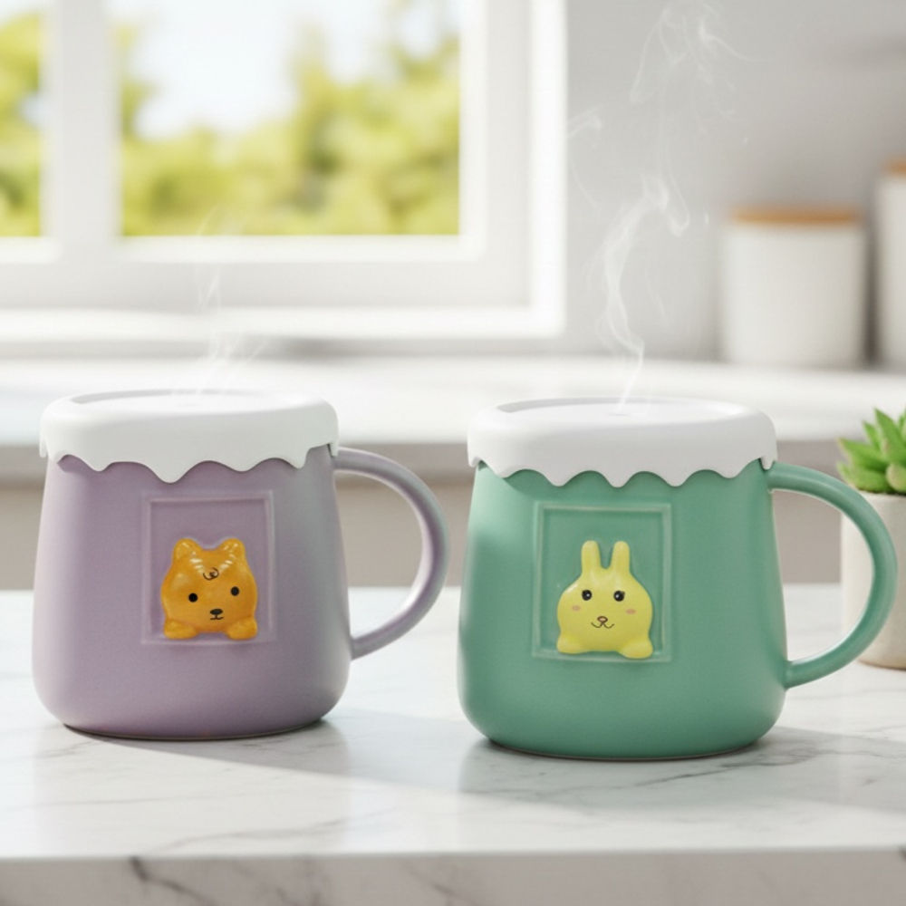 Керамическая кружка с крышкой, зеленый/фиолетовый, 400 мл