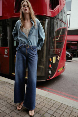 ZARA ДЖИНСЫ WIDE-LEG СО СРЕДНЕЙ ПОСАДКОЙ И ПОЯСОМ, ВЫЦВЕТШИЙ СИНИЙ