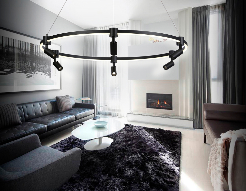 Светильник светодиодный подвесной с пультом FL5299/1+6 BK черный 74W 3000K/4200K/6400K+4200K D800*1200 (ПДУ ИК)