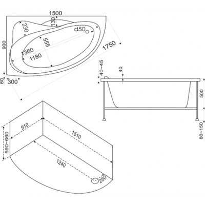 Ванна акриловая BAS Вектра левая 1500х900 с гидромассажем и каркасом