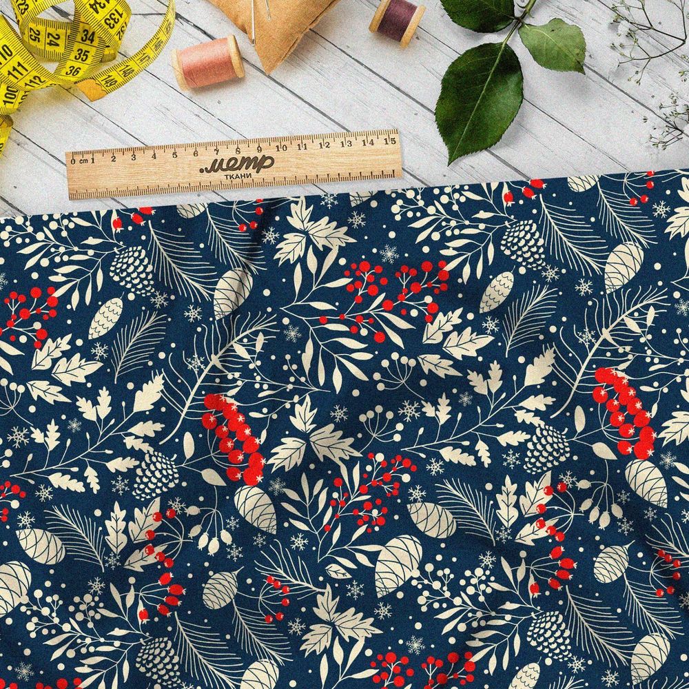 Ткань бифлекс рябина с заснеженными листьями