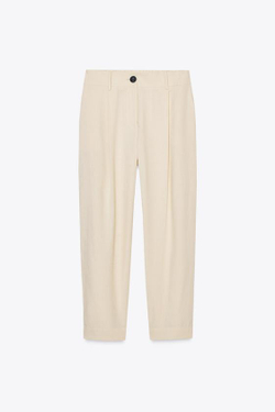 ZARA БРЮКИ С ЗАЩИПАМИ И ЭЛАСТИЧНЫМ ПОЯСОМ, ПЕСОЧНЫЙ