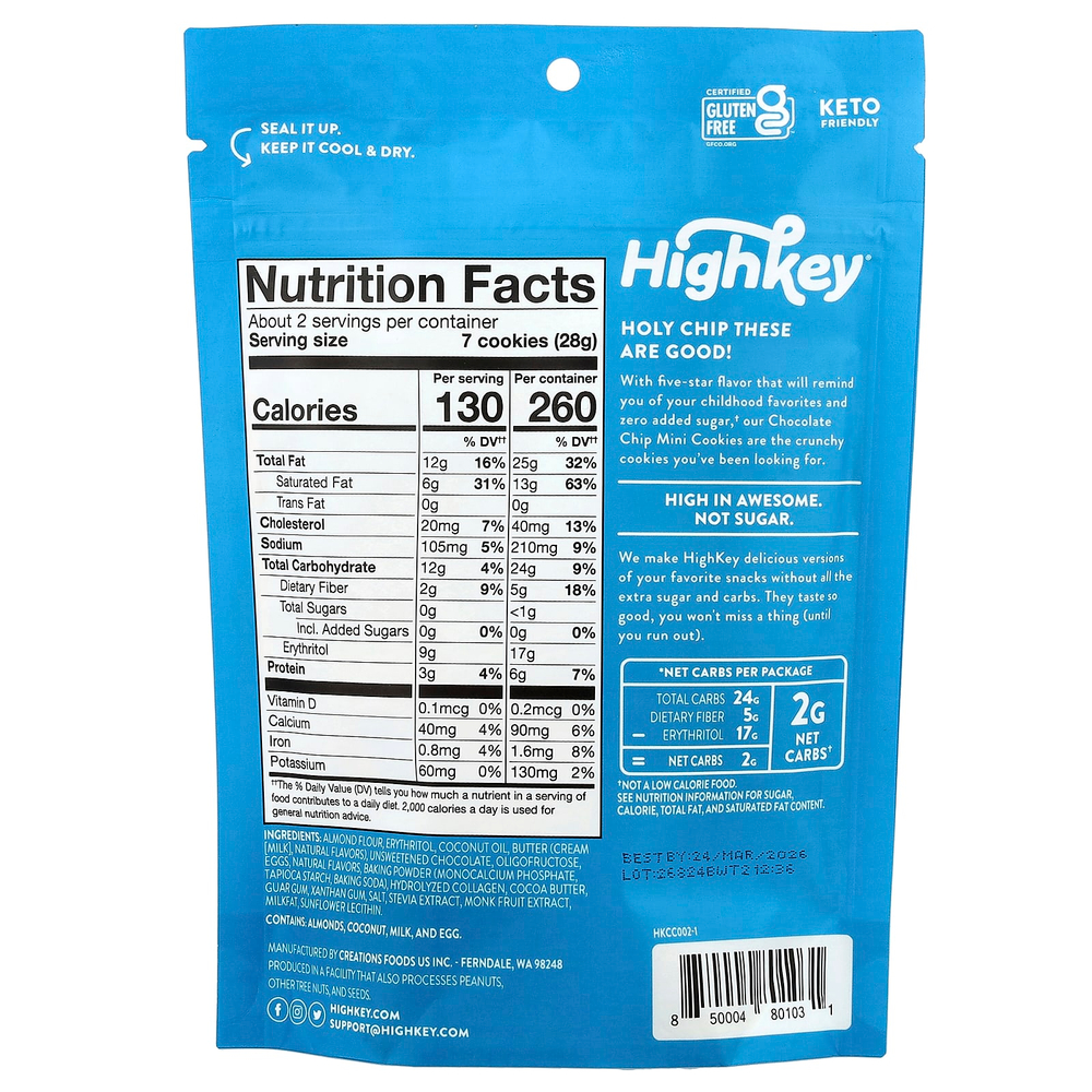 HighKey, Mini Cookies, шоколадная крошка, 56,6 г (2 унции)