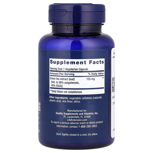 Life Extension, Super Green Tea, экстракт зеленого чая, с низким содержанием кофеина, 100 вегетарианских капсул (725 мг в 1 капсуле)