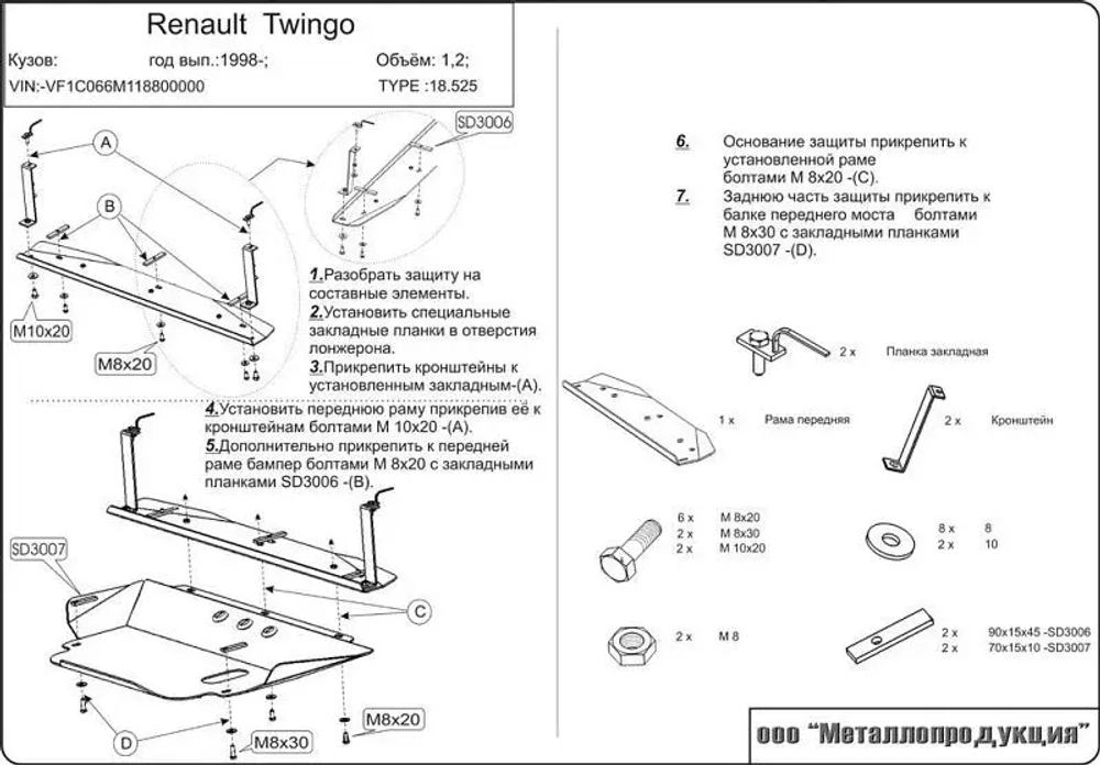 Защита картера и КПП Sheriff для Renault Twingo I 1993-2007 арт.18.0525