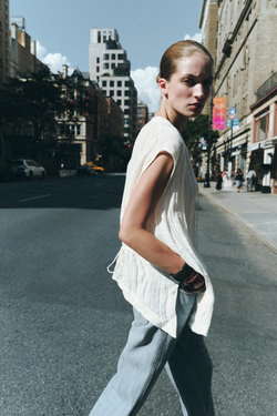 ZARA БЛУЗА С ЗАВЯЗКАМИ ZW, ЖЕЛТОВАТО-БЕЛЫЙ