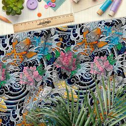 Ткань оксфорд 210 японские карпы с бутонами на волнах