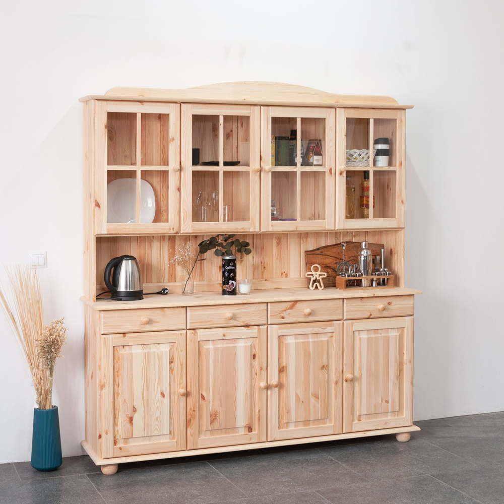 Шкаф витрина Лена четырехдверный 174х39х190 см из массива сосны / буфет для кухни, в натуральной отделке