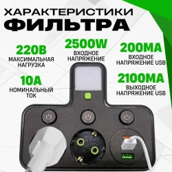 Cетевой фильтр тройник разветвитель с подсветкой 2 розетки с USB и Type-C