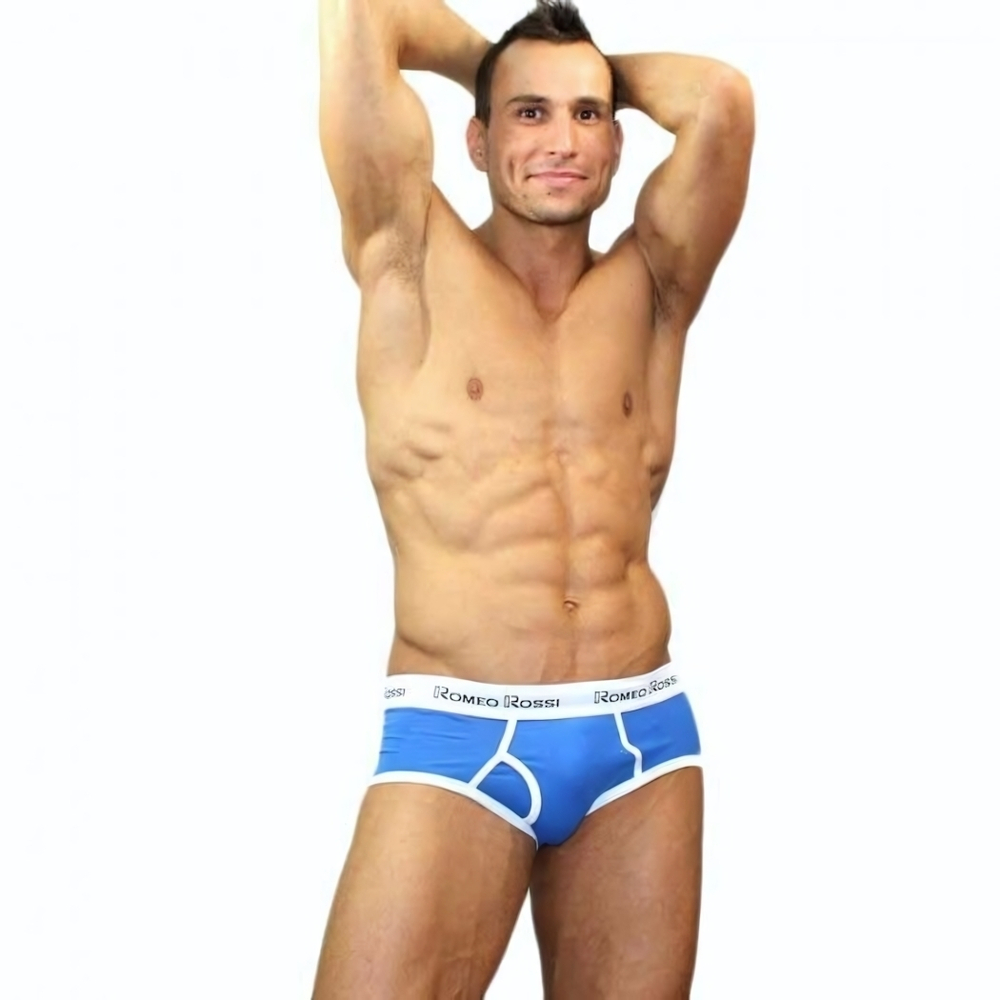 Мужские трусы-брифы с низкой посадкой и контрастной белой резинкой (Размер: L) (Цвет: голубой)