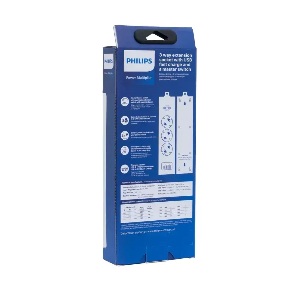 Сетевой фильтр удлинитель Philips CHP4336WA/51 с тремя стандартными розетками EU, 2 USB-A, Type-C, с заземлением и защитой от перегрузок, 2 м, белый