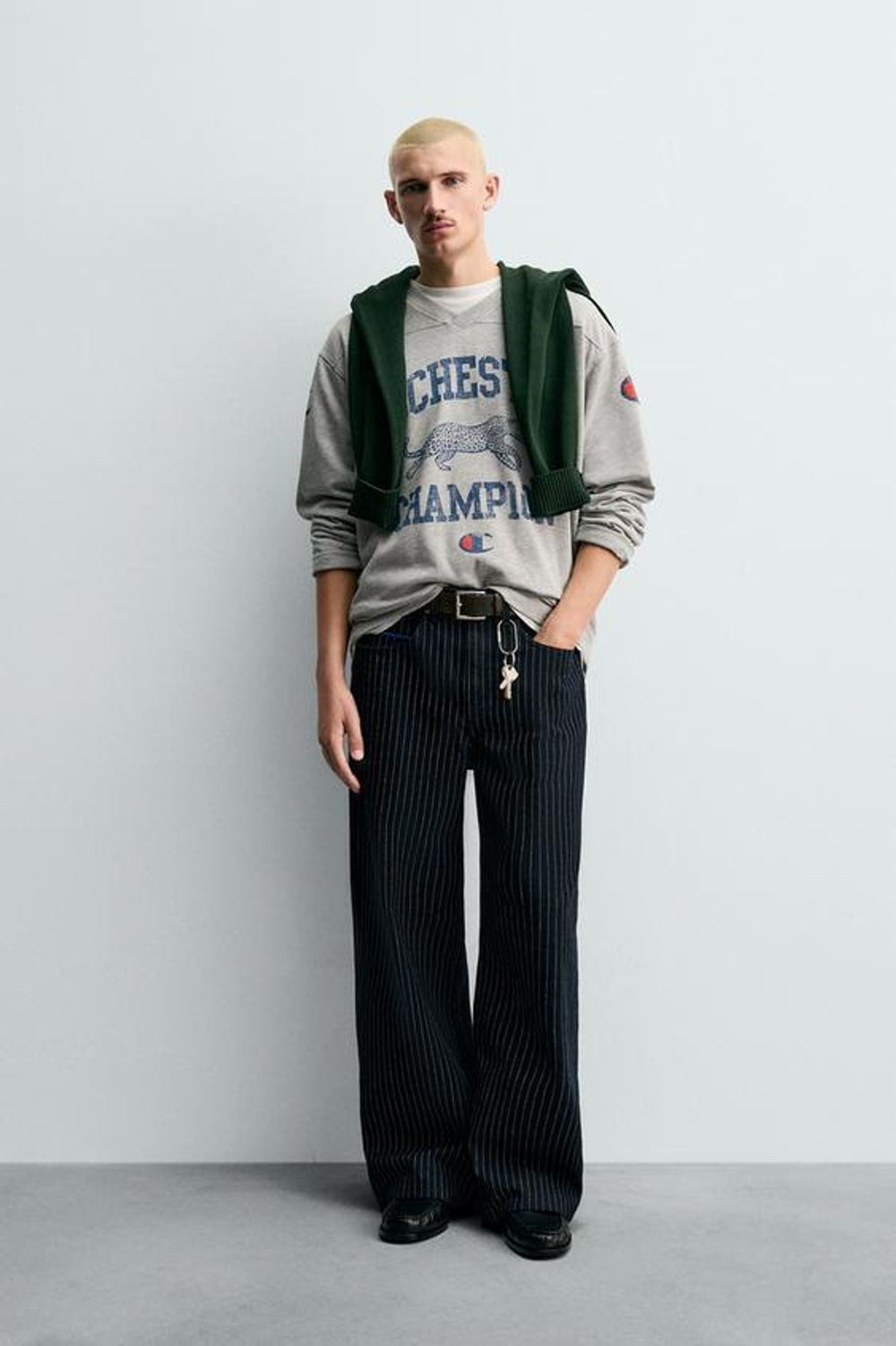 ZARA X CHAMPION ® ДЖИНСЫ BAGGY FIT В ПОЛОСКУ, СИНИЙ