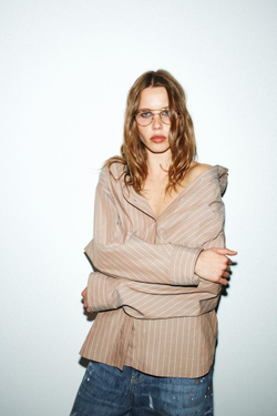 ZARA РУБАШКА ОВЕРСАЙЗ ИЗ ПОПЛИНА, КОРИЧНЕВЫЙ/ЭКРЮ