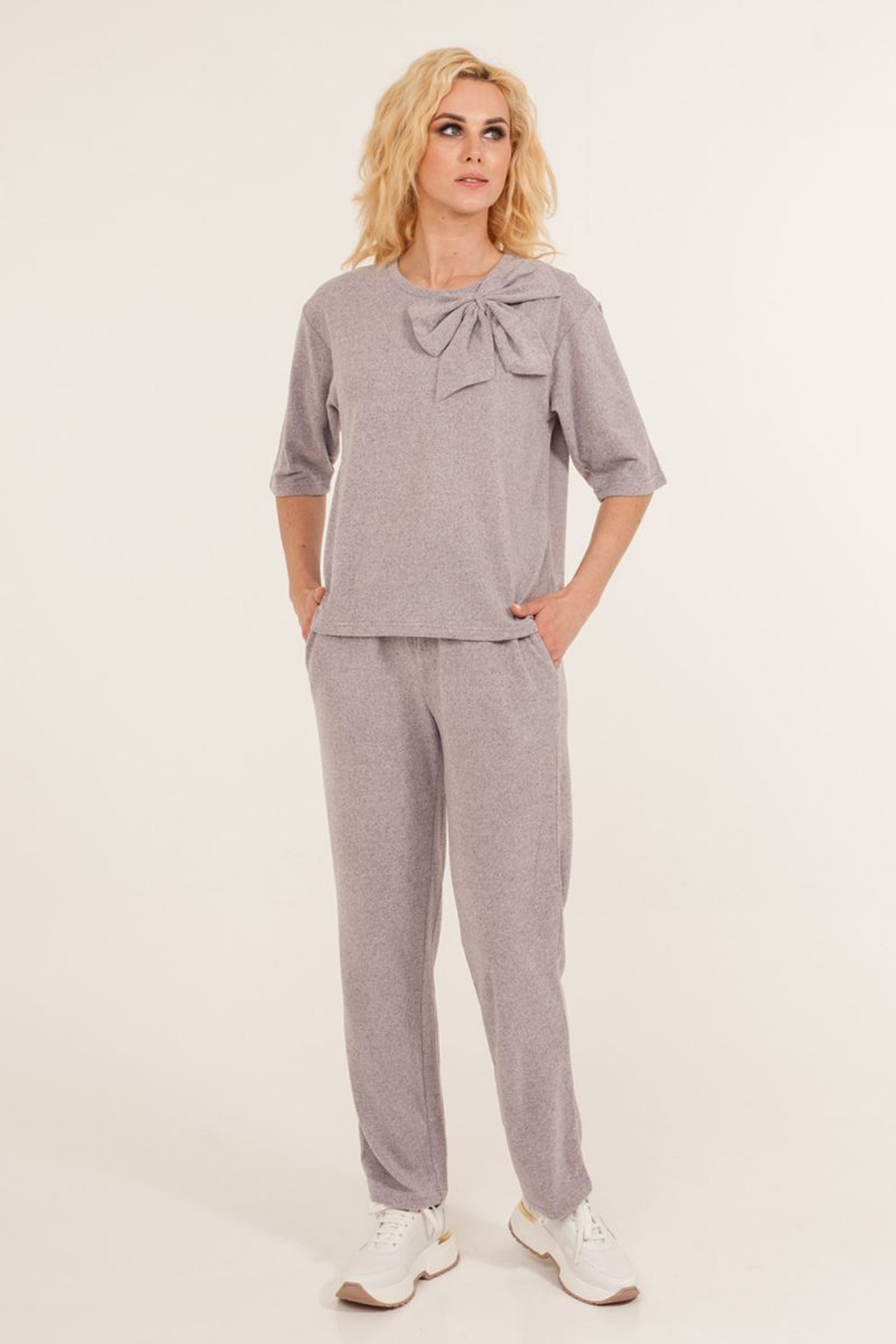 Стильный женский костюм с бантом (Размер: M) (Цвет: голубой)