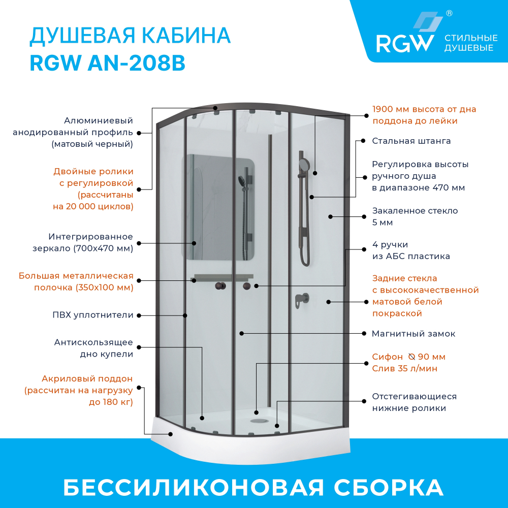 Душевая кабина полукруг, раздвижные двери, стеклянная, профиль чёрный- RGW AN-208B (Прозрачное, 1000x1000)