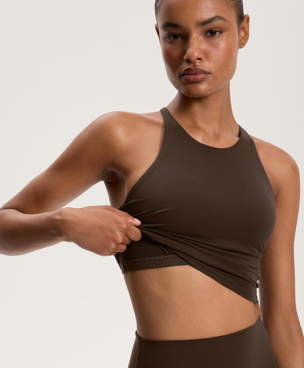 Oysho Майка Comfortlux с чашками и полосками на спине, темно-коричневый