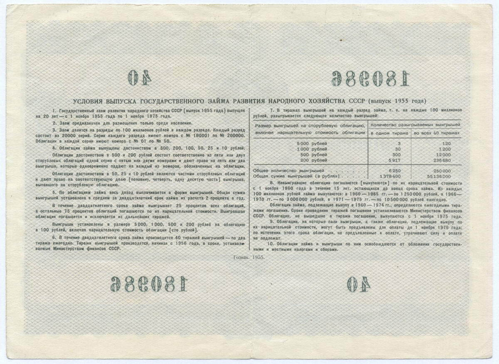 Облигация 25 рублей 1955 год. Серия № 180986. VF