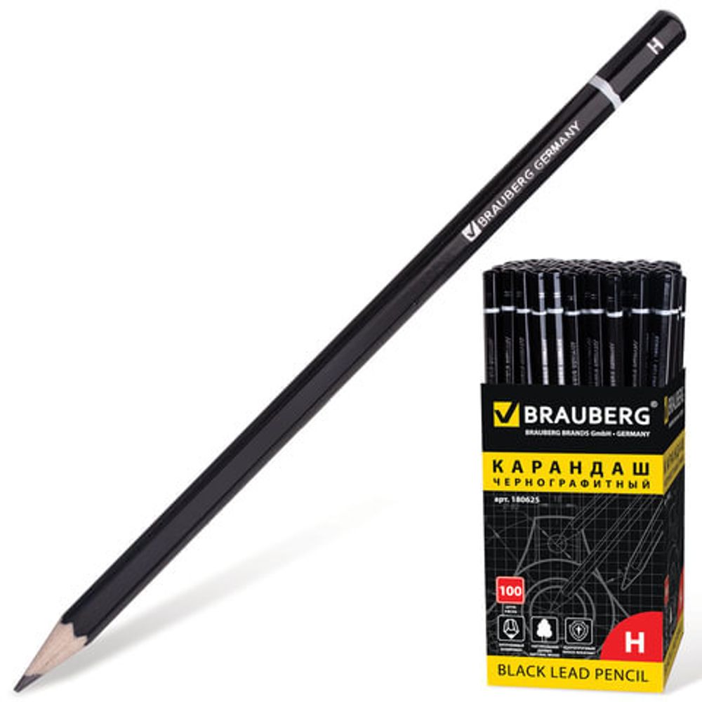 Карандаш чернографитный BRAUBERG, 1 шт., "Touch line", Н, без резинки, корпус черный, заточенный, 180625
