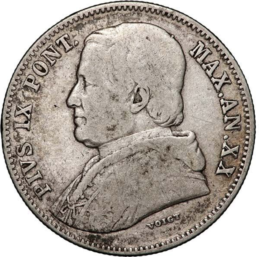 Italy Papal States 20 Baiocchi 1865 – Pope Pius IX (Rome Mint)