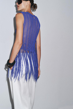 ZARA ТРИКОТАЖНЫЙ ТОП ИЗ КРУЖЕВА КРОШЕ С БАХРОМОЙ, СИНИЙ