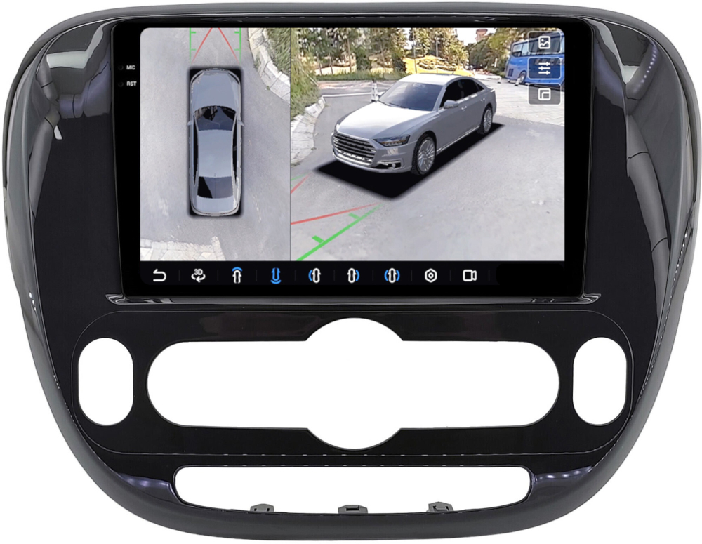 Магнитола для KIA Soul 2 2014-2019 (климат, рамка глянцевая) - FarCar BX526M-360 монитор 9.5" 2K QLED на Android 13, 6Гб+128Гб, CarPlay, 4G SIM-слот, 4 камеры в комплекте