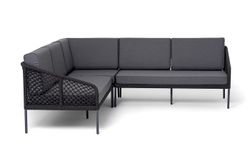 "Канны" диван модульный плетеный из роупа (узелки), каркас алюминий темно-серый (RAL7024) муар, роуп темно-серый круглый, ткань темно-серая 027