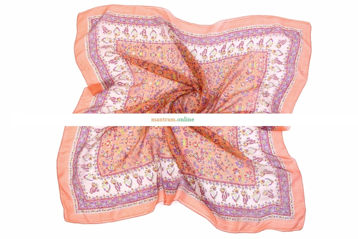 Платок материал Шелк 100% "Цветы, колоколчики" цвет зеленый фиолетовый желтый на бежевом с мандариновой каймой 100x100см.