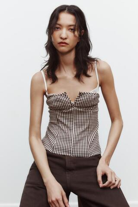 ZARA КОМБИНИРОВАННЫЙ ТОП ИЗ ЭЛАСТИЧНОЙ ТКАНИ В КЛЕТКУ ВИШИ, КОРИЧНЕВЫЙ/БЕЛЫЙ