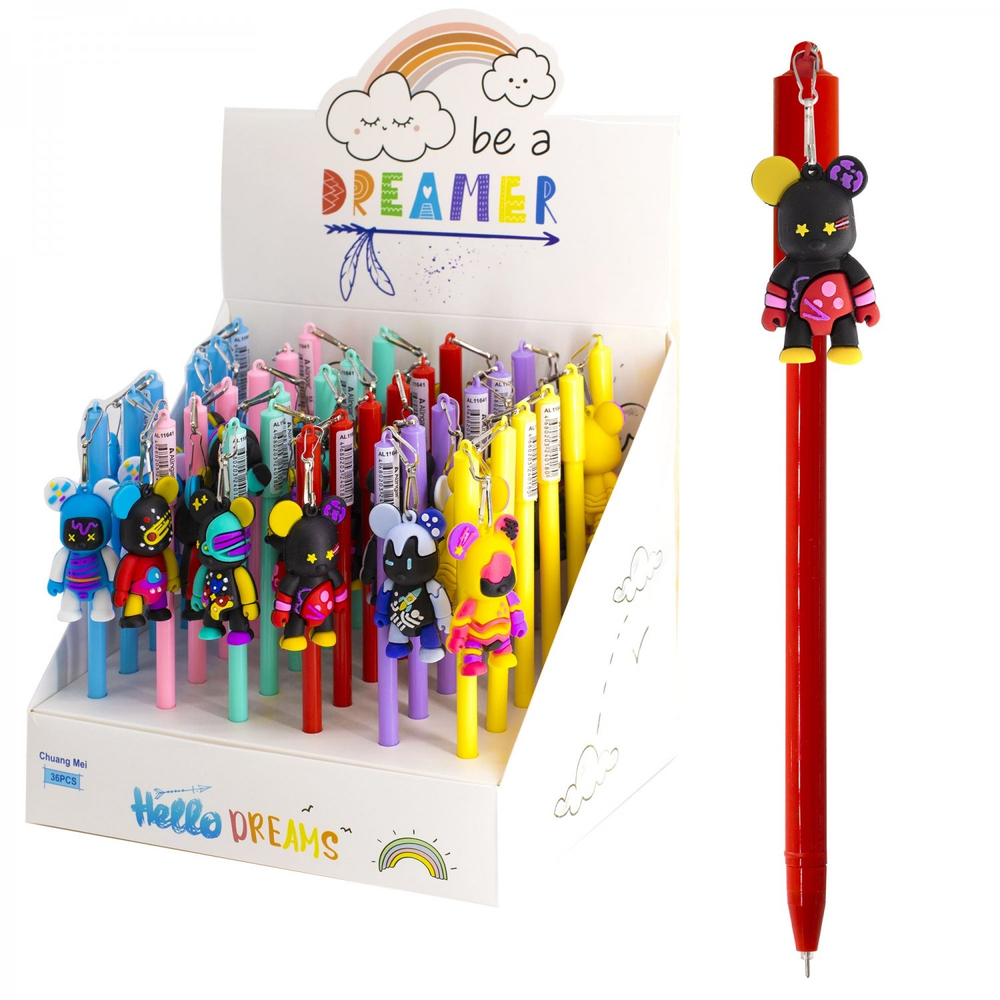 Ручка гелевая Alingar, "Крутой мышь", 0,5 мм, черная, с брелком, круглый, цветной, пластиковый корпус, картонная упаковка