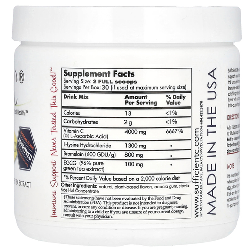 Sufficient C, Высокодозированная смесь для приготовления иммунизированных напитков, лимон и персик, 4000 мг, 250 г