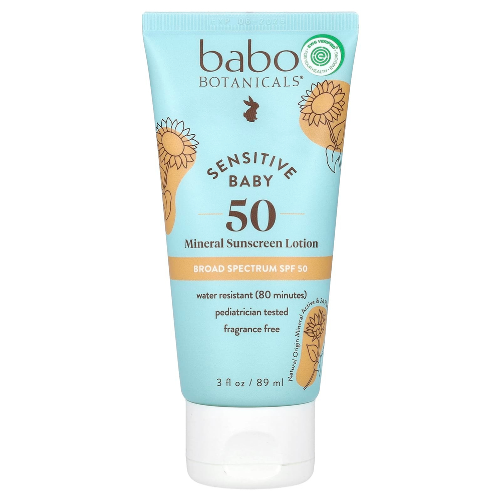 Babo Botanicals, Для детской кожи, солнцезащитный лосьон на минеральной основе, SPF 50, 89 мл