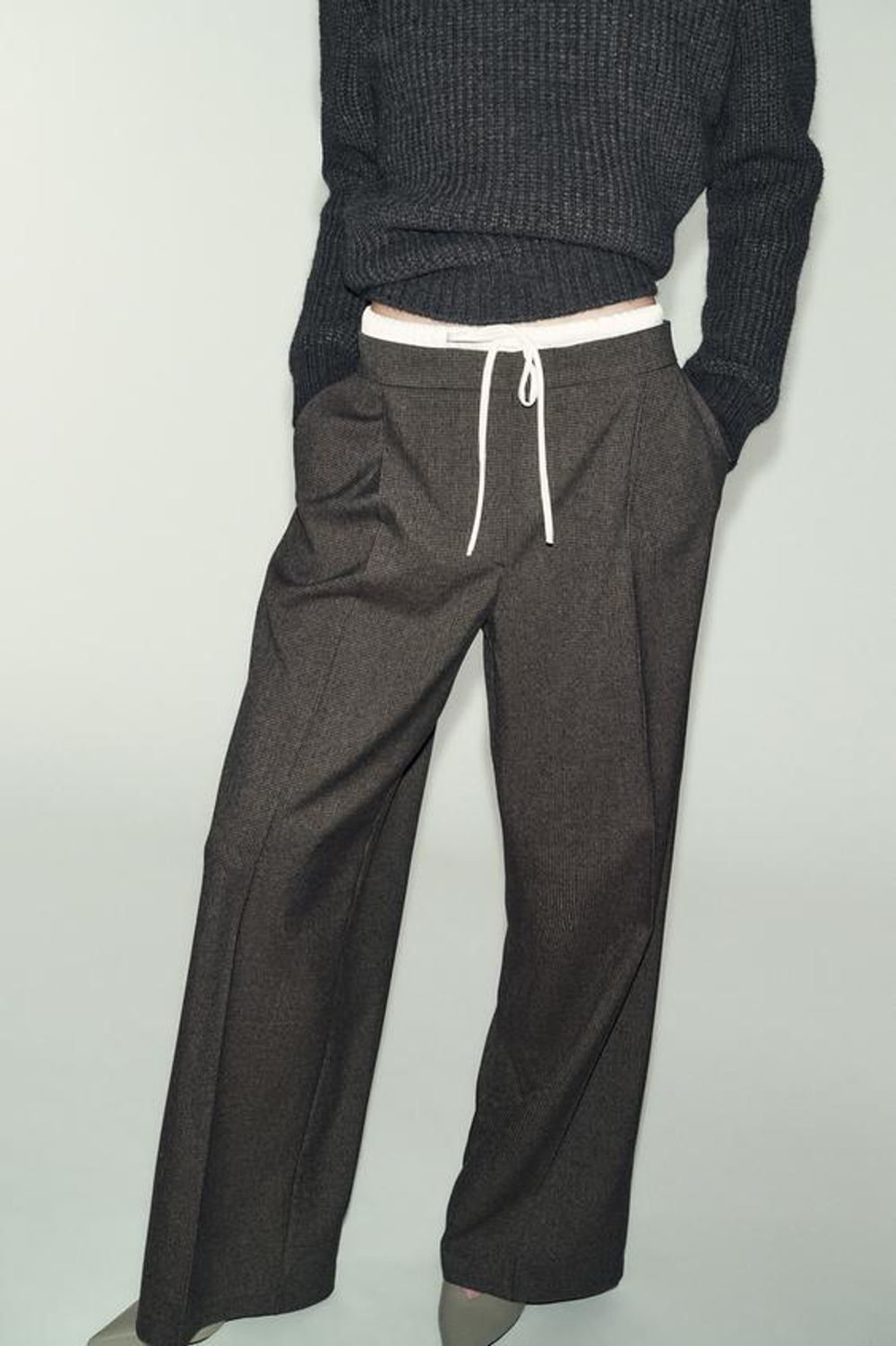 ZARA ШИРОКИЕ БРЮКИ С ДВОЙНЫМ ПОЯСОМ «ГУСИНАЯ ЛАПКА», ТЕМНО-КОРИЧНЕВЫЙ