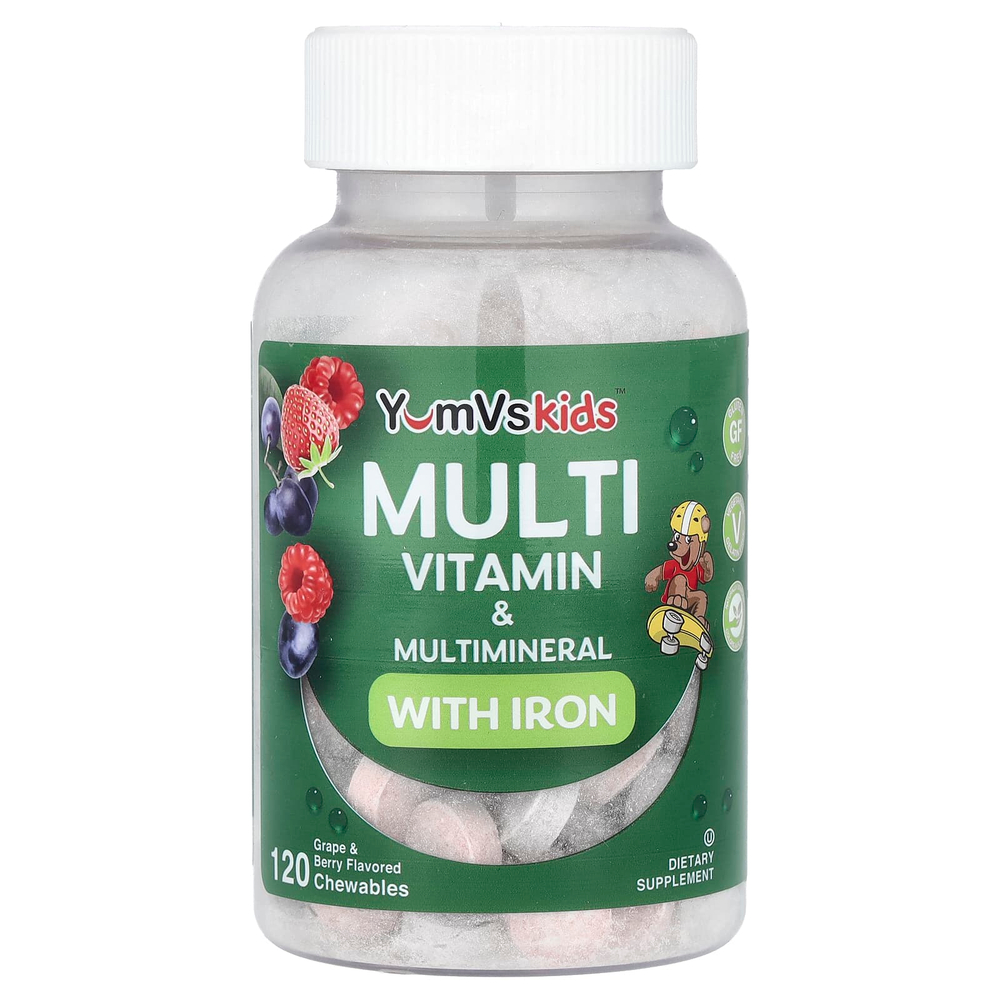 YumVs, Kids™, комплекс витаминов и минералов для детей, с железом, со вкусом винограда и ягод, 120 жевательных таблеток