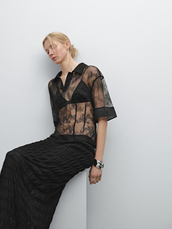 Massimo Dutti Кружевная рубашка с воротником поло, черный