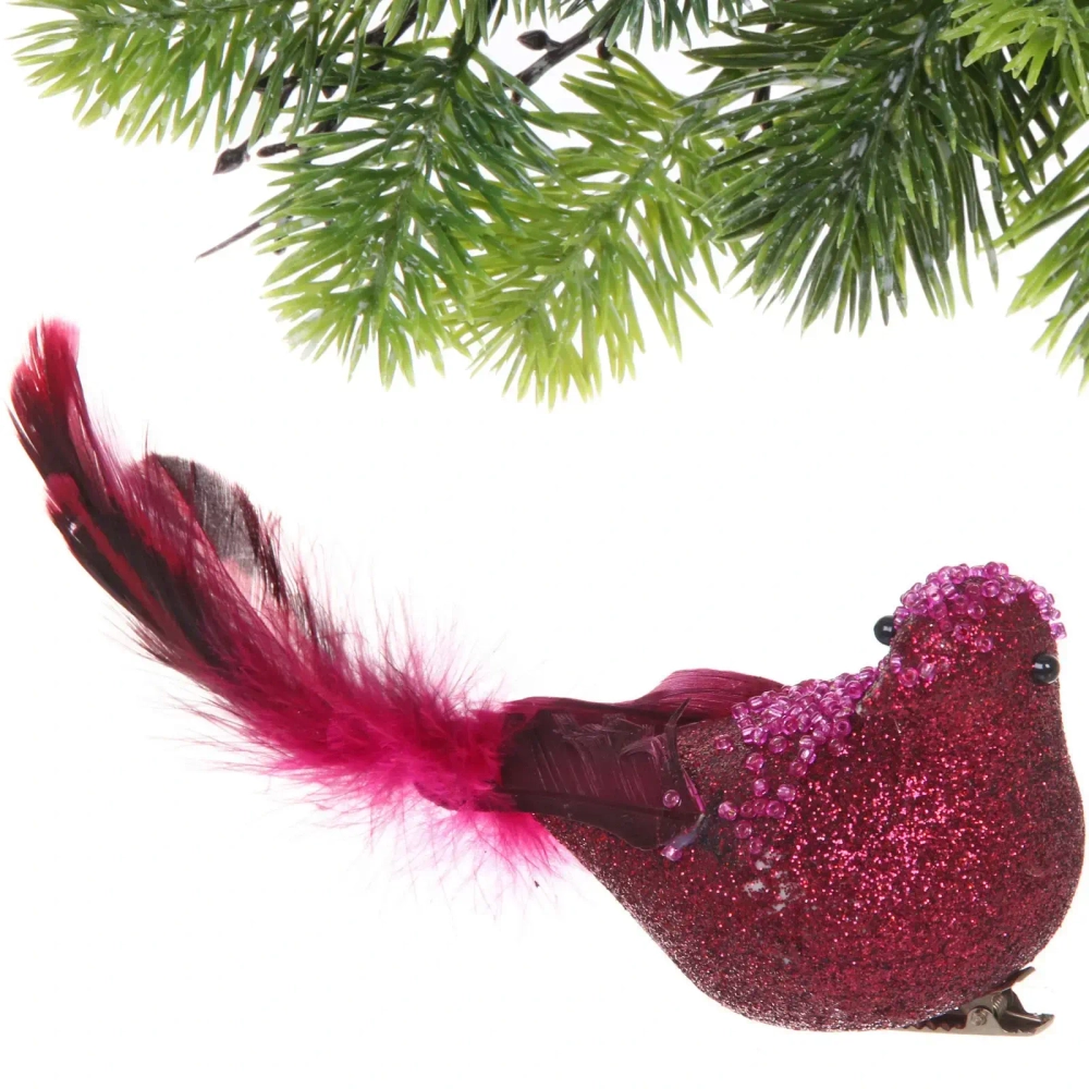 Украшение новогоднее на зажиме «Сияющая птица» 20 см, Фуксия
