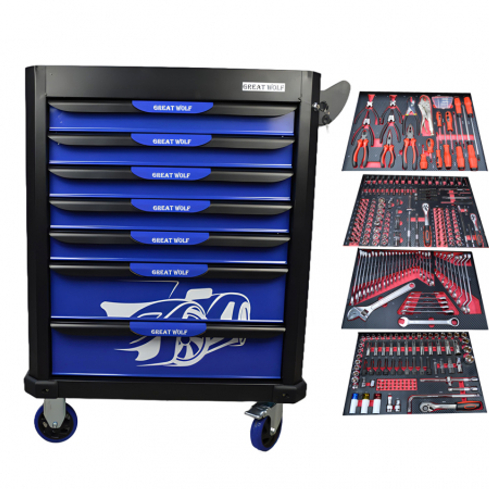 Инструментальная тележка с инструментом GW-7ST2 Blue (Great Wolf, 324поз), 7 ящиков, увеличенные колеса с тормозом, ЦЗ