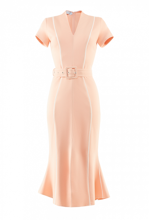 Трикотажное платье с поясом персиковое 04-04-20 SS