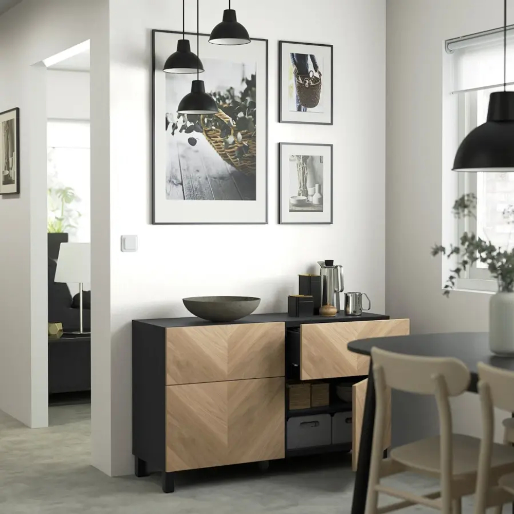 Комбинация для хранения - IKEA BESTÅ/BESTA, 120х42х74 см, черно-коричневый/под беленый дуб, БЕСТО ИКЕА
