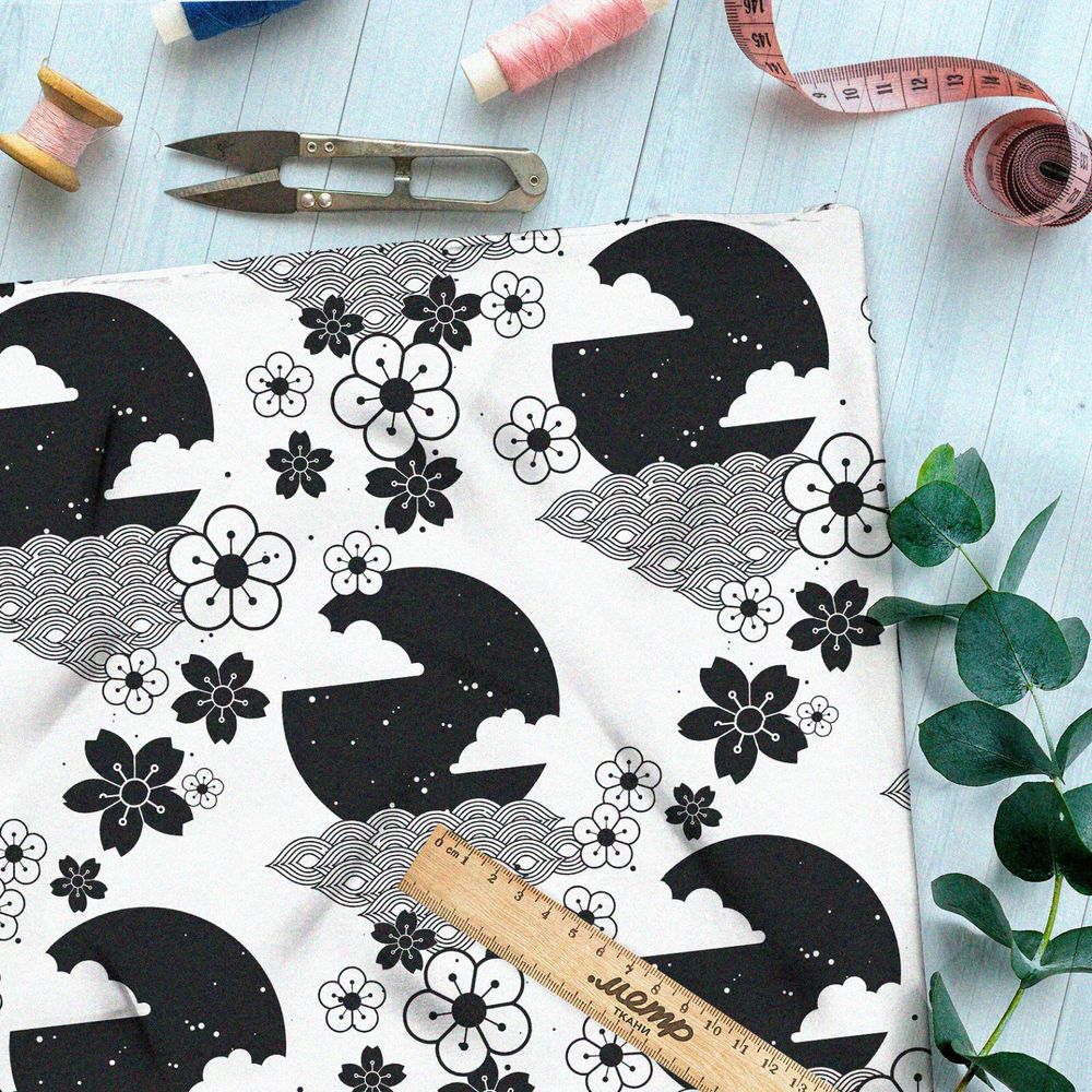 Ткань лён чёрно-белые японские декорации