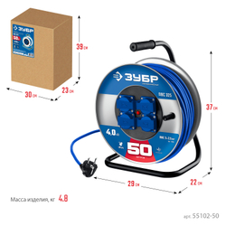 ЗУБР ПВС-325, ПВС, 3 x 2.5 мм2, 50 м, 4000 Вт, IP44, силовой удлинитель на стальной катушке, Профессионал (55102-50)